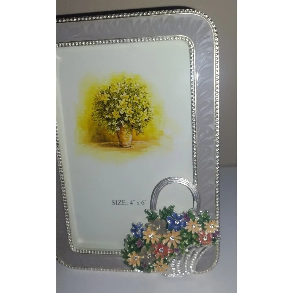 Silver 4x6 Picture Frame with Enamel Flower Basket Decorative Floral Photo frame